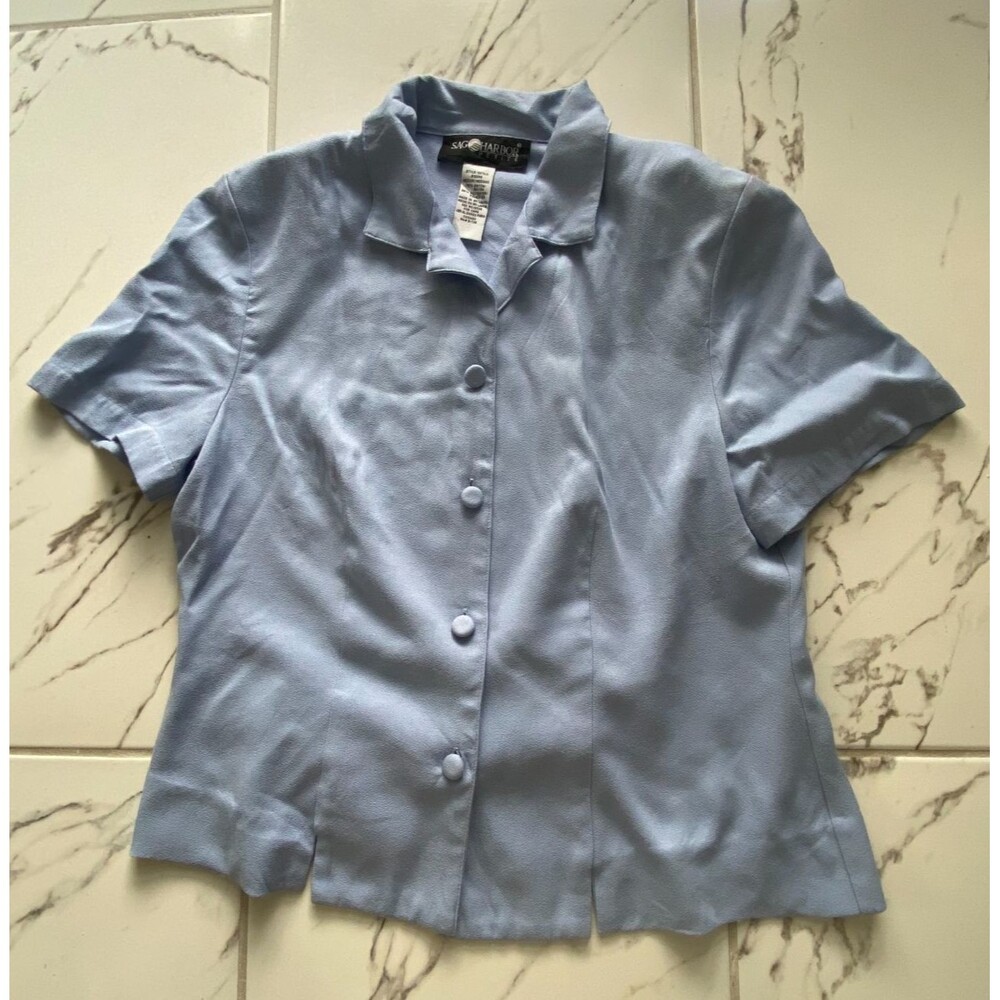 Sag Harbor Petite Womens Medium Light Blue Short Sleeve Button Front Blouse